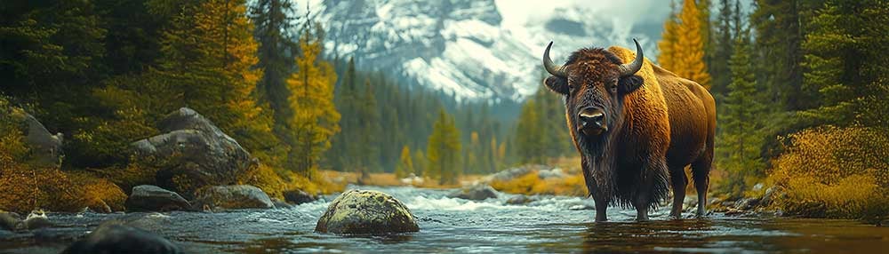 A bison standing in a mountain stream