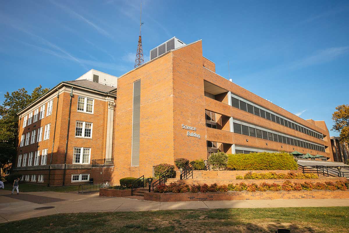 Science Building from southwest corner showing expansion and original building behind