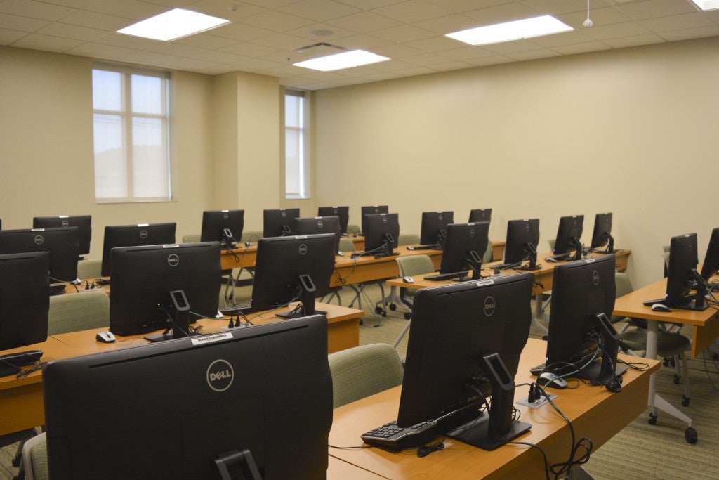 Classrooms in the Arthur Weisberg Family Applied Engineering Complex have light sensors that turn off or on when there is movement in the room, and dim or brighten based on the amount of light coming in through the windows. Desks, chairs and other furnishing in the complex are made from regional materials.