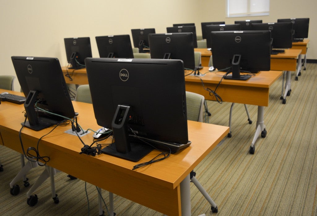 Classrooms in the Arthur Weisberg Family Applied Engineering Complex have light sensors that turn off or on when there is movement in the room, and dim or brighten based on the amount of light coming in through the windows. Desks, chairs and other furnishing in the complex are made from regional materials.