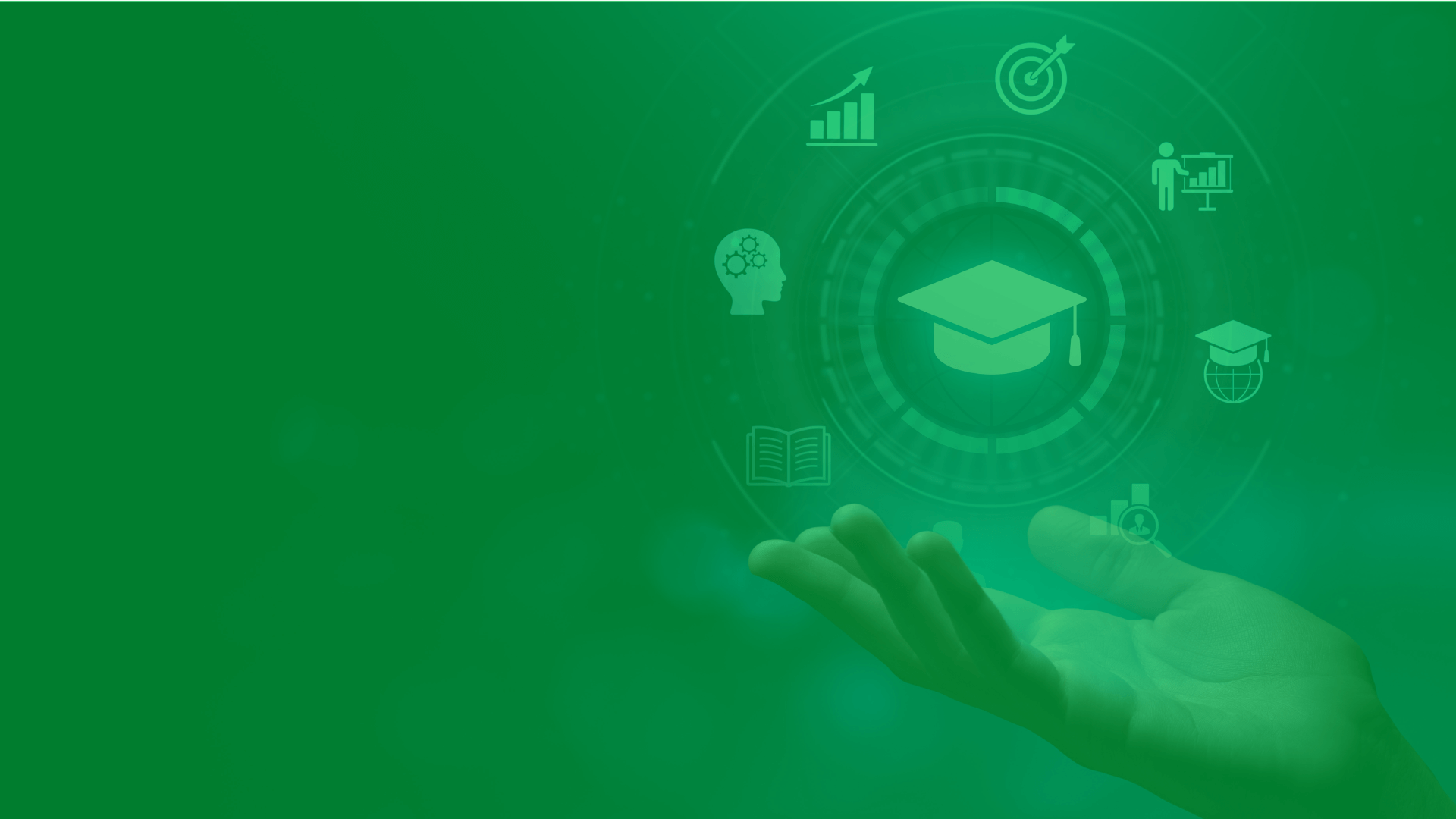 green gradient photo with a hand and icons circling a graduation cap