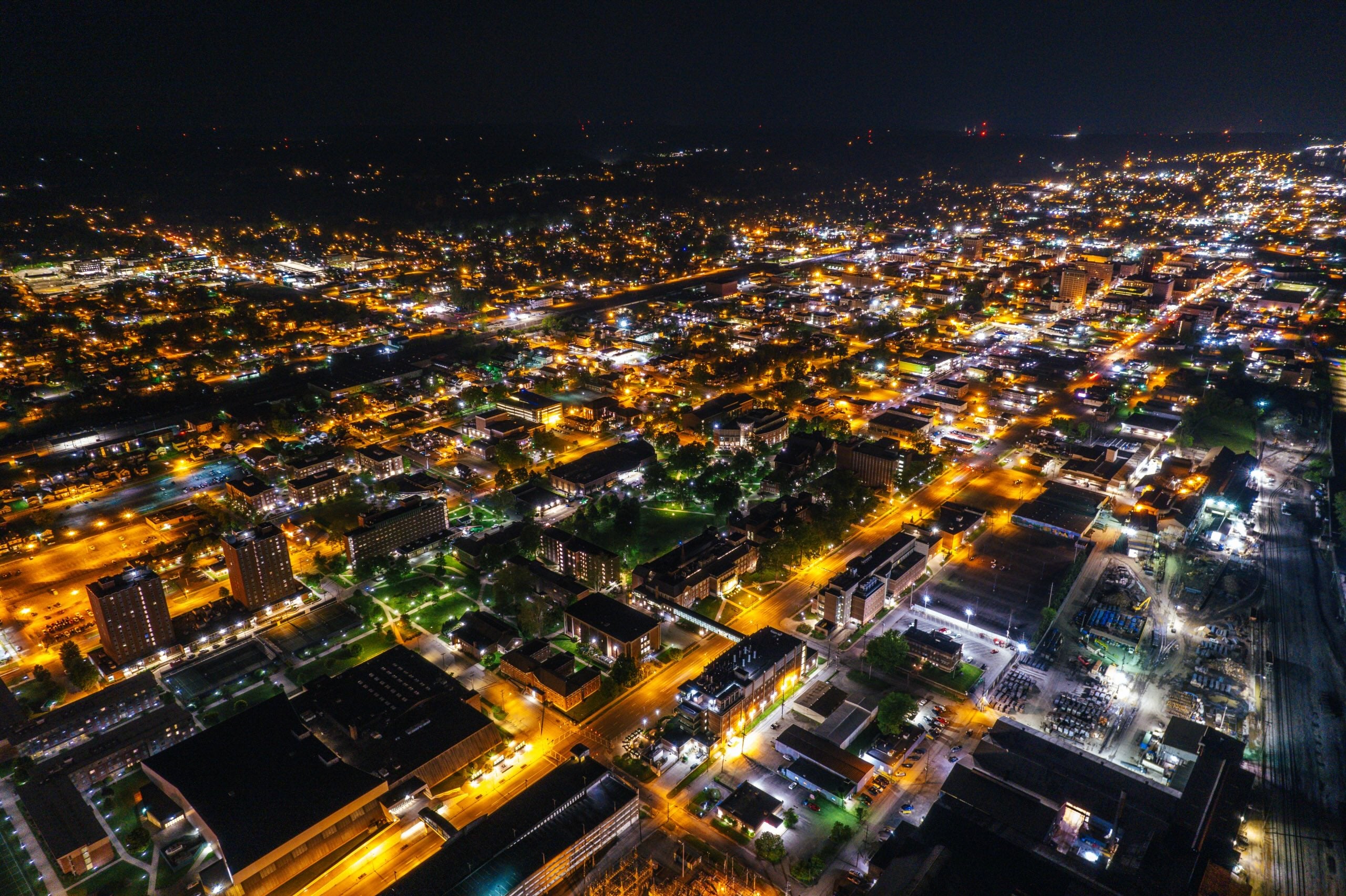 drone shot of Huntington, WV at night