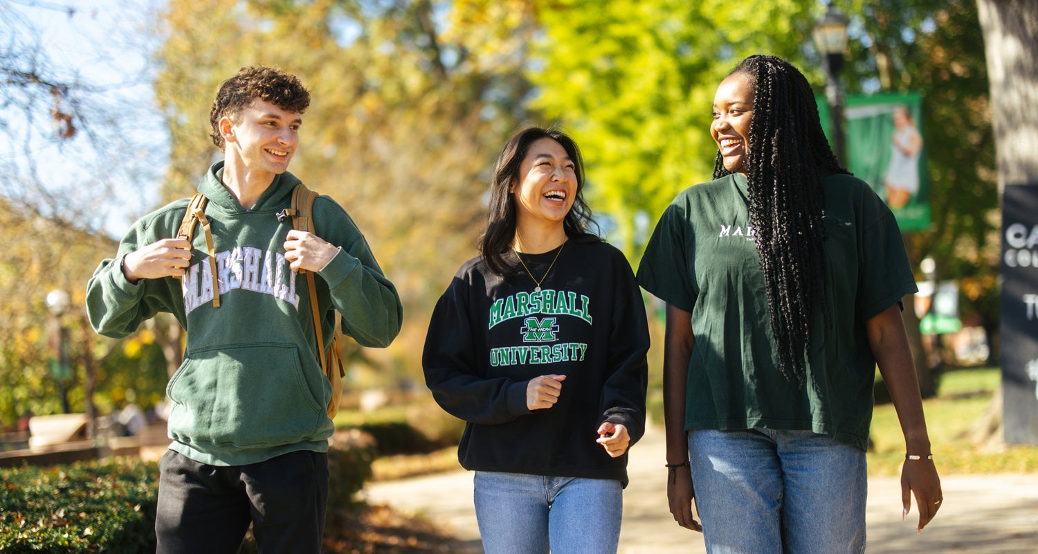 Students walking on Marshall's Huntington campus in the fall